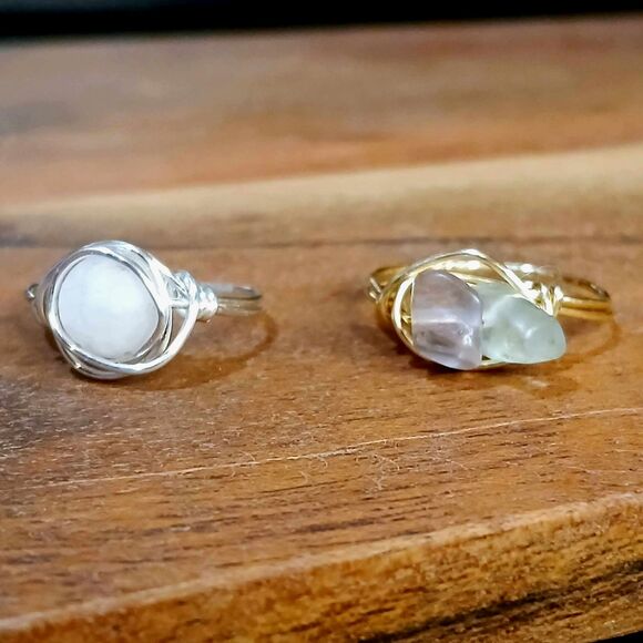 2 Piece Ring Set, Wire Wrapped, Rose Quartz & Fluorite, Size 7/9 - Picture 1 of 4